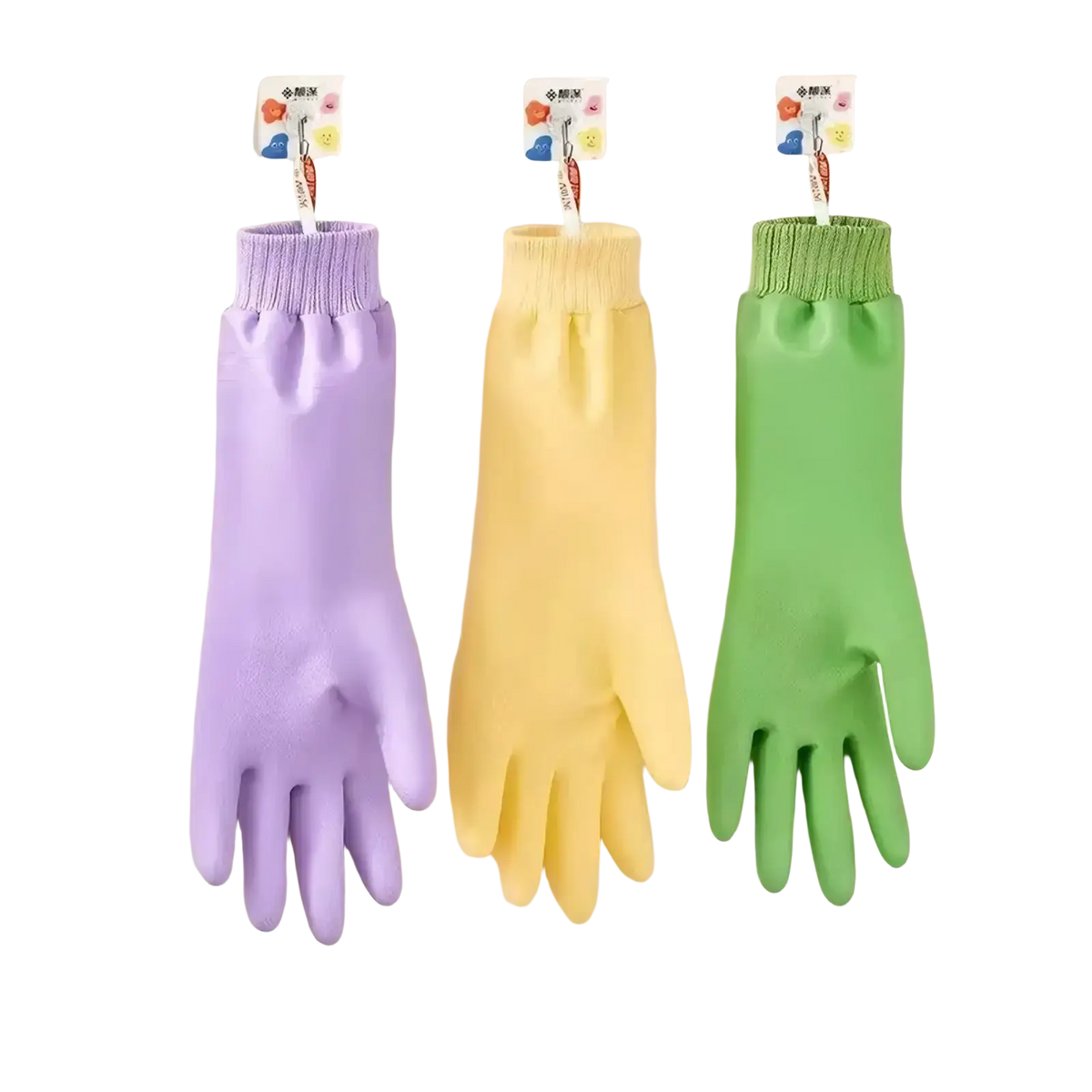 Three colorful waterproof dishwashing gloves in lavender yellow and green with ribbed cuffs for women cleaning tasks