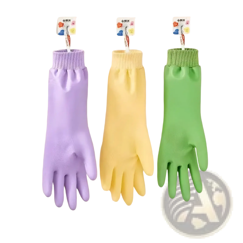 Waterproof dishwashing gloves for women in lavender yellow and green with ribbed cuffs and built-in lanyards