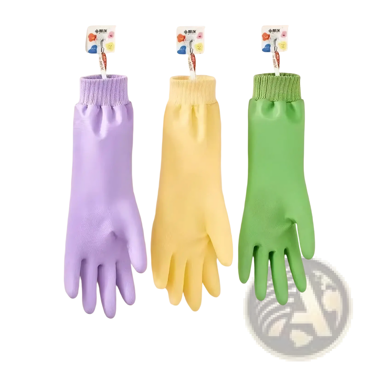 Waterproof dishwashing gloves for women in lavender yellow and green with ribbed cuffs and built-in lanyards