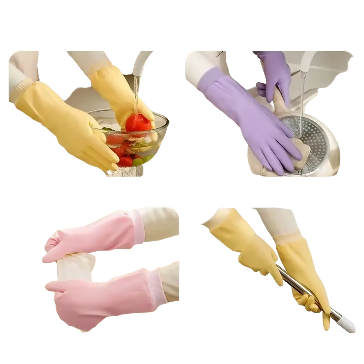 Waterproof dishwashing gloves for women in yellow purple and pink rubber for household cleaning tasks