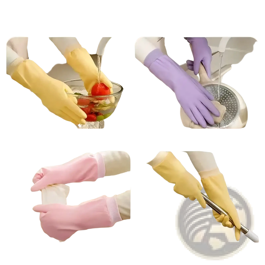 Waterproof dishwashing gloves for women in yellow purple and pink rubber for household cleaning tasks