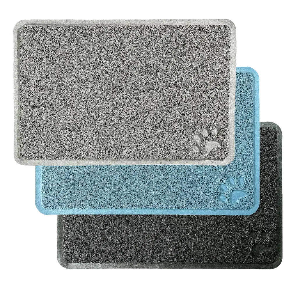 Gray blue and black textured waterproof cat litter mat with embossed paw prints for feeding mat and litter mat use