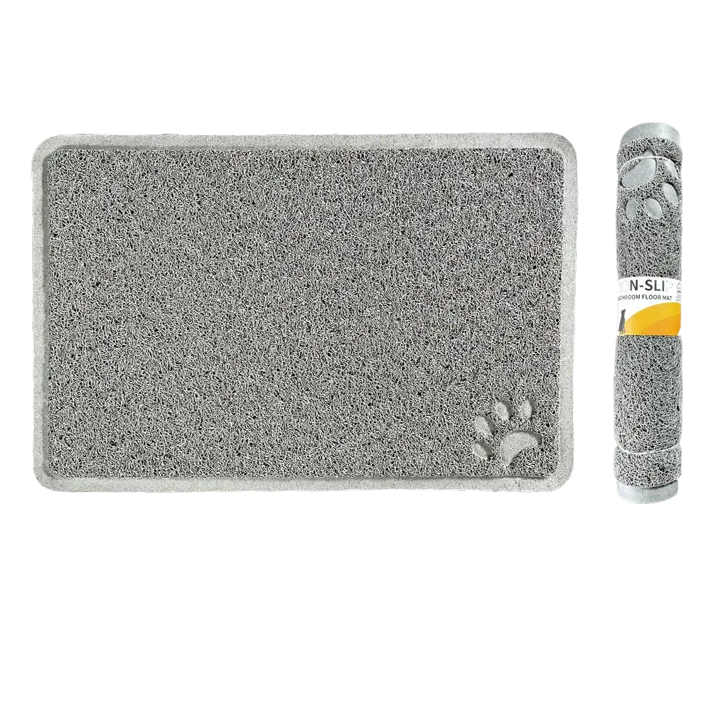 Gray textured non-slip waterproof dog feeding mat and litter mat with paw print design 24x16 black
