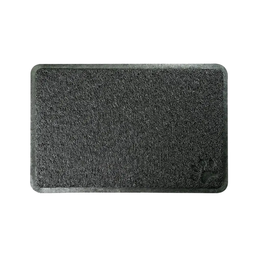 Black rubber waterproof dog feeding mat and cat litter mat with textured surface and embossed paw print design