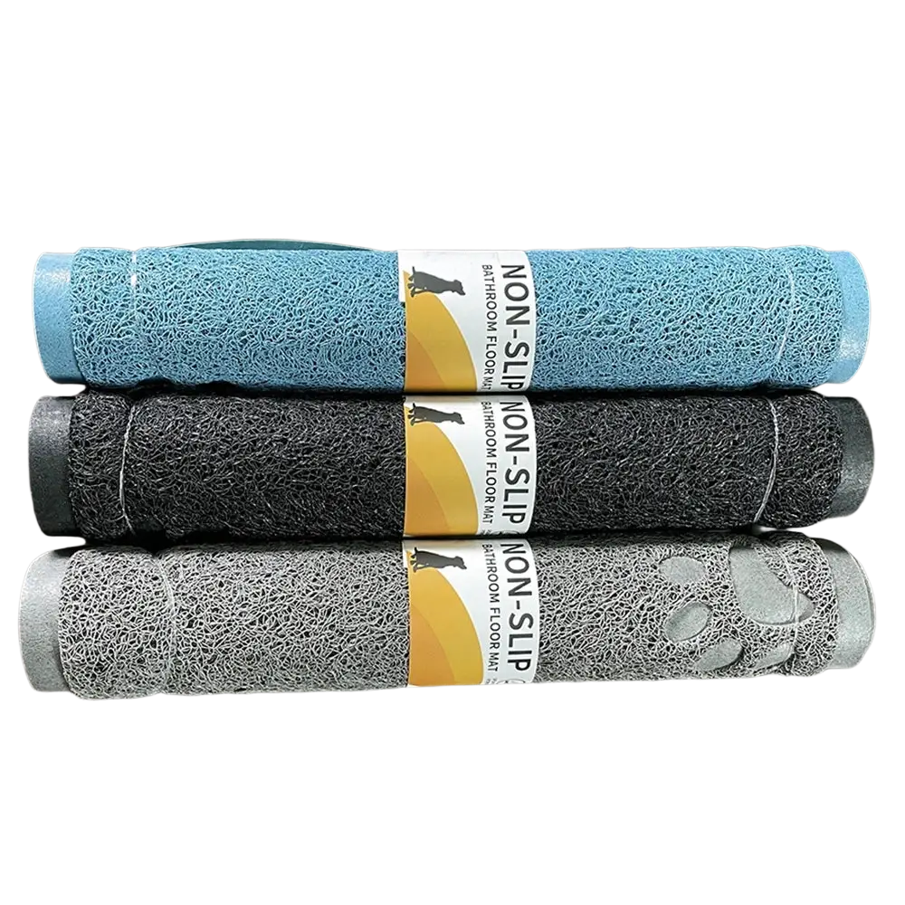 Three rolled non-slip waterproof bathroom feeding mats and litter mats in blue black and gray with textured surfaces