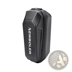 Black carbon-fiber textured waterproof electric scooter handlebar bag with white branding and hard shell design
