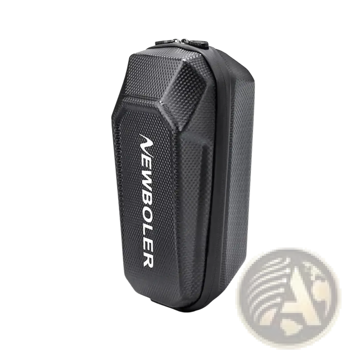 Black carbon-fiber textured waterproof electric scooter handlebar bag with white branding and hard shell design