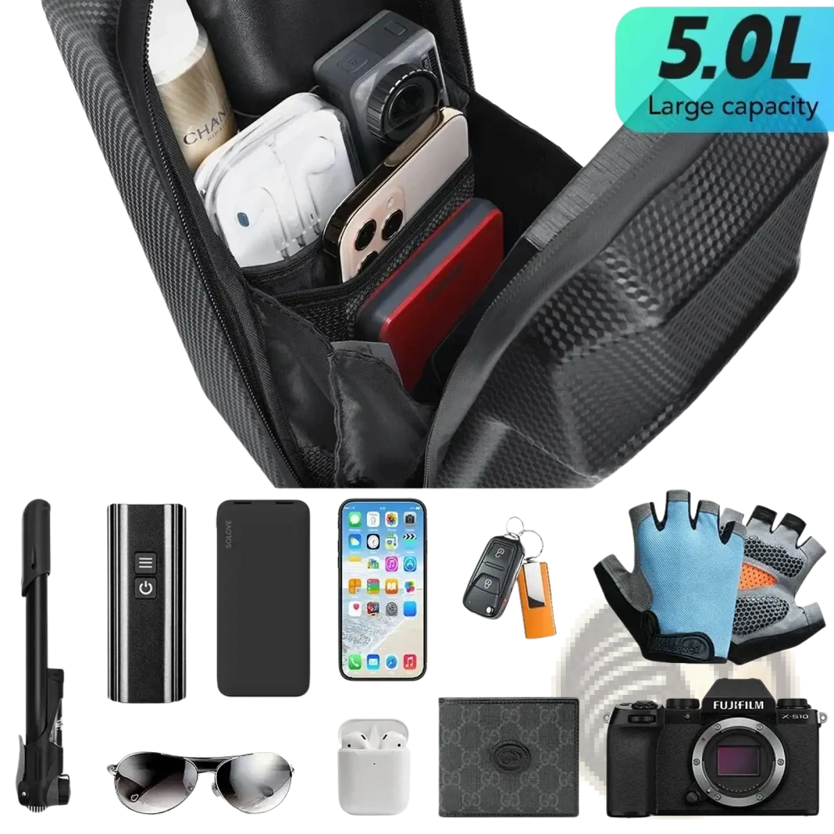 Black carbon-fiber textured 5.0l waterproof electric scooter handlebar bag with multiple compartments holding essentials