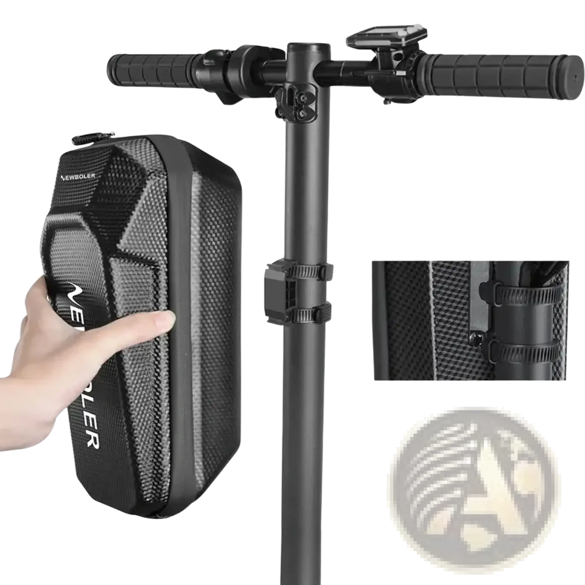 Black carbon fiber textured newboler waterproof electric scooter handlebar bag with white branding