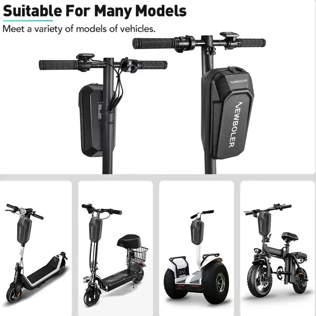Black textured newboler waterproof electric scooter handlebar bag with white branding and hard shell design