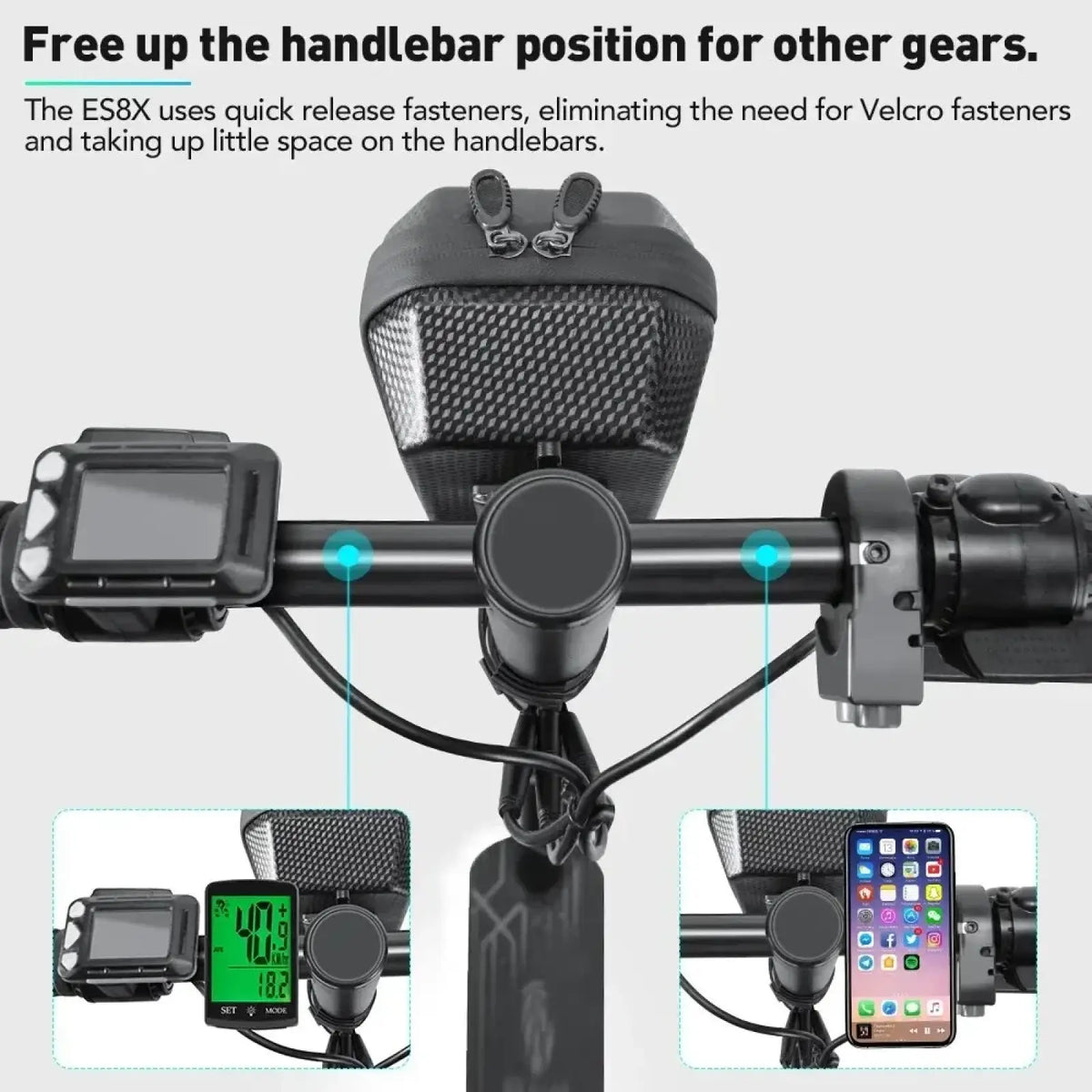 Black textured waterproof hard shell handlebar bag with quick release fasteners for es8x electric scooter