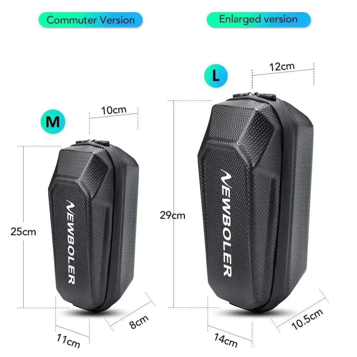 Black textured newboler waterproof electric scooter handlebar bag with white lettering and zipper closure