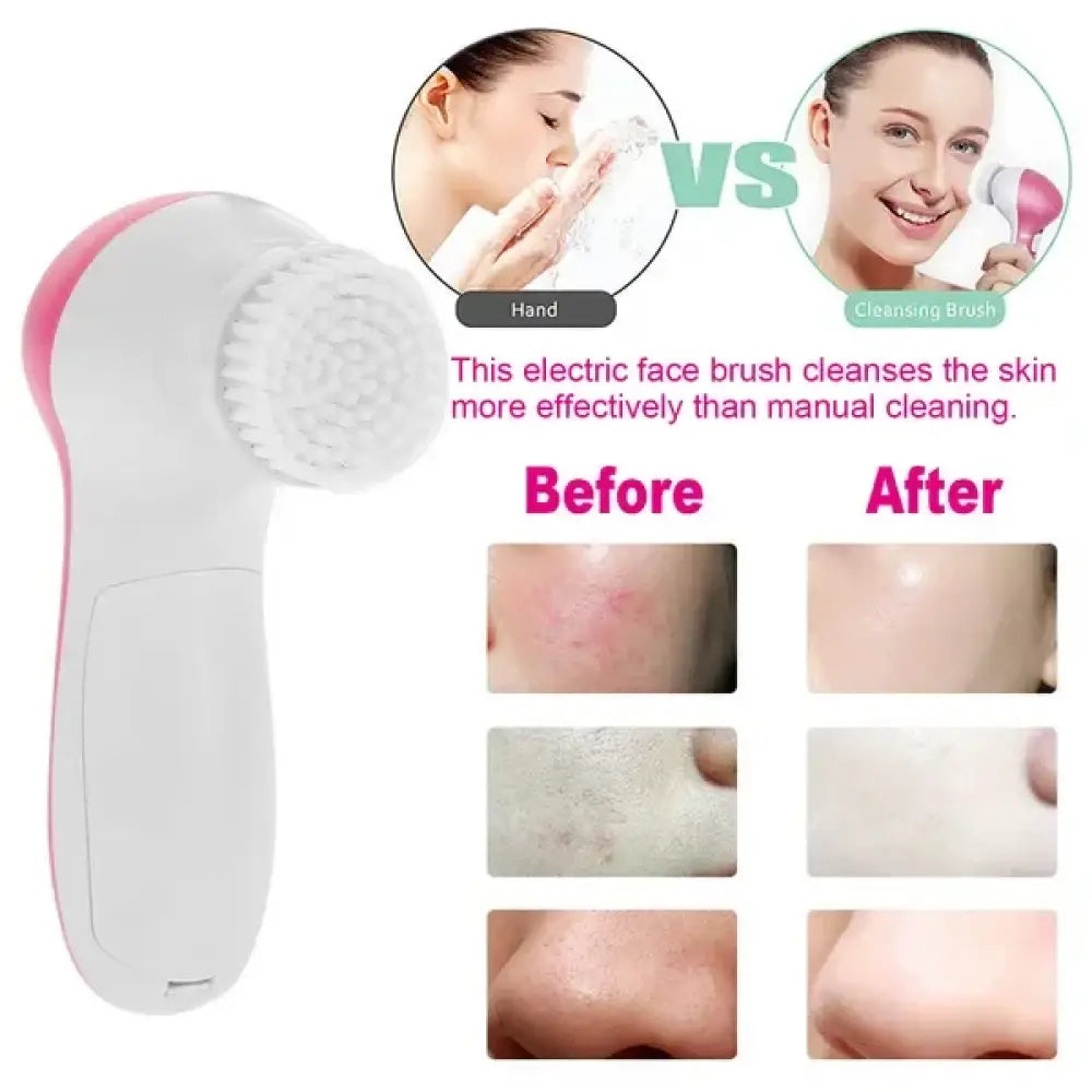 Pink and white 5-in-1 waterproof electric facial cleansing spin brush with soft bristles for gentle cleansing