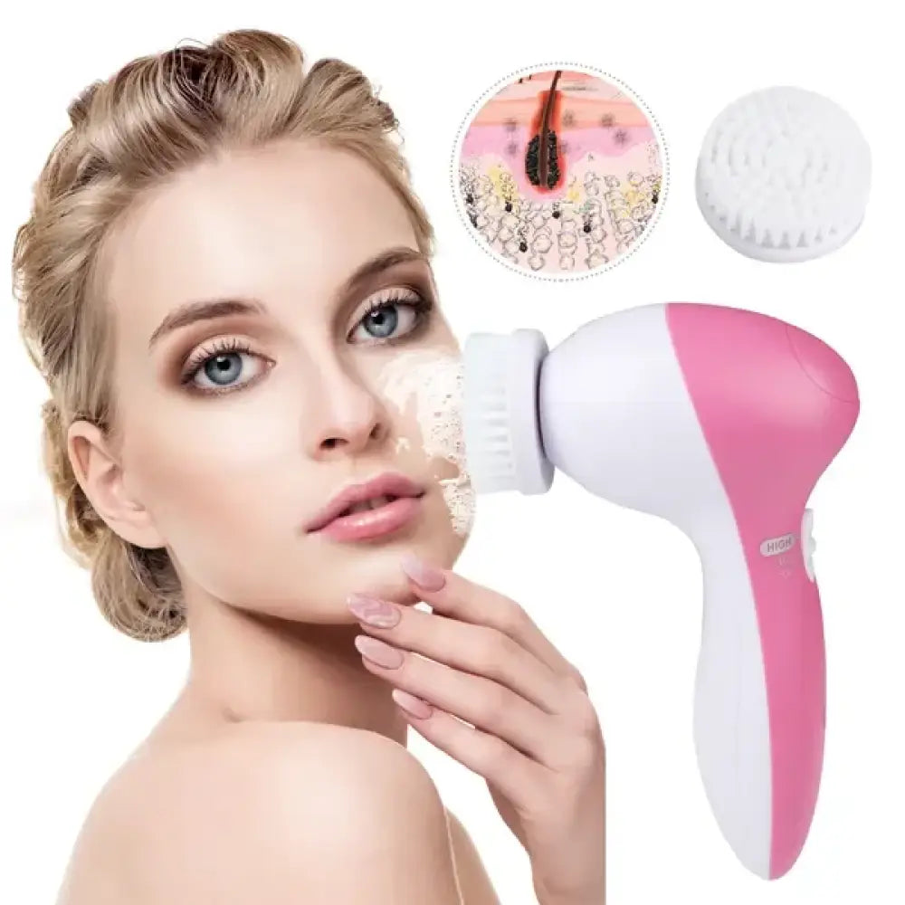 Pink and white 5-in-1 waterproof electric facial cleansing spin brush with soft bristles for gentle skin cleansing