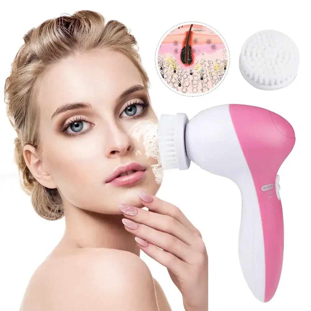 Pink and white 5-in-1 waterproof electric facial cleansing spin brush with soft bristles for gentle skin cleansing