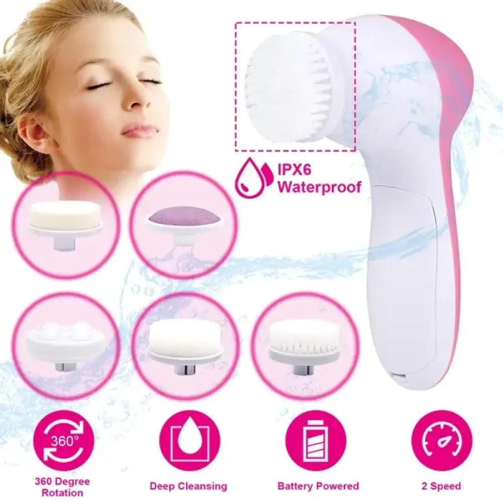 Pink and white 5-in-1 waterproof electric facial cleansing spin brush with interchangeable heads for deep cleaning