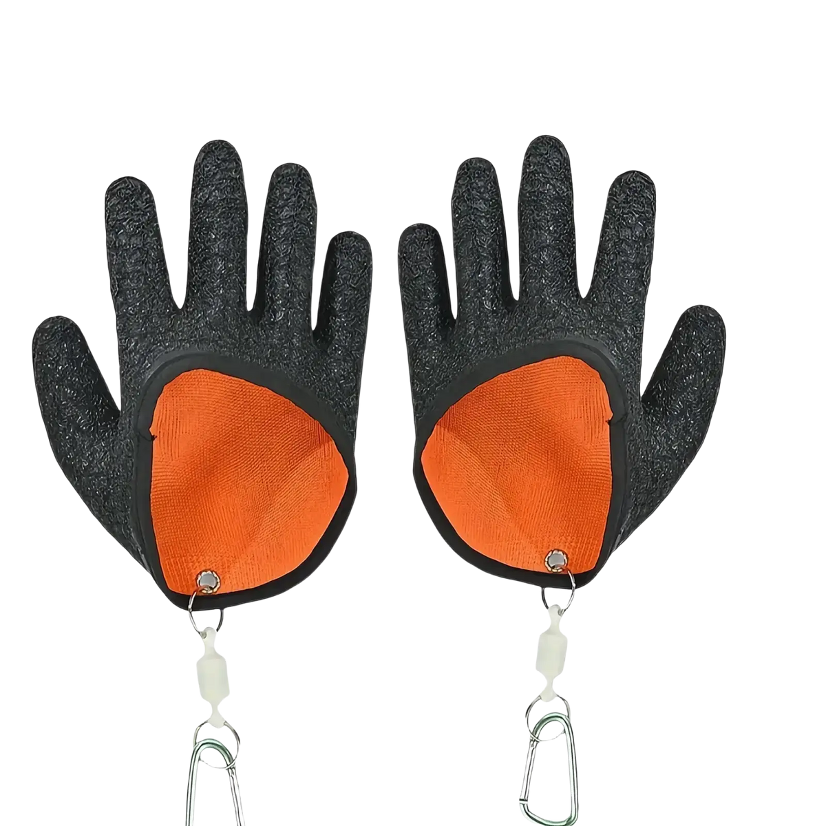 Waterproof fishing gloves in black and orange with anti slip textured grip palms, reinforced backs, and metal carabiners