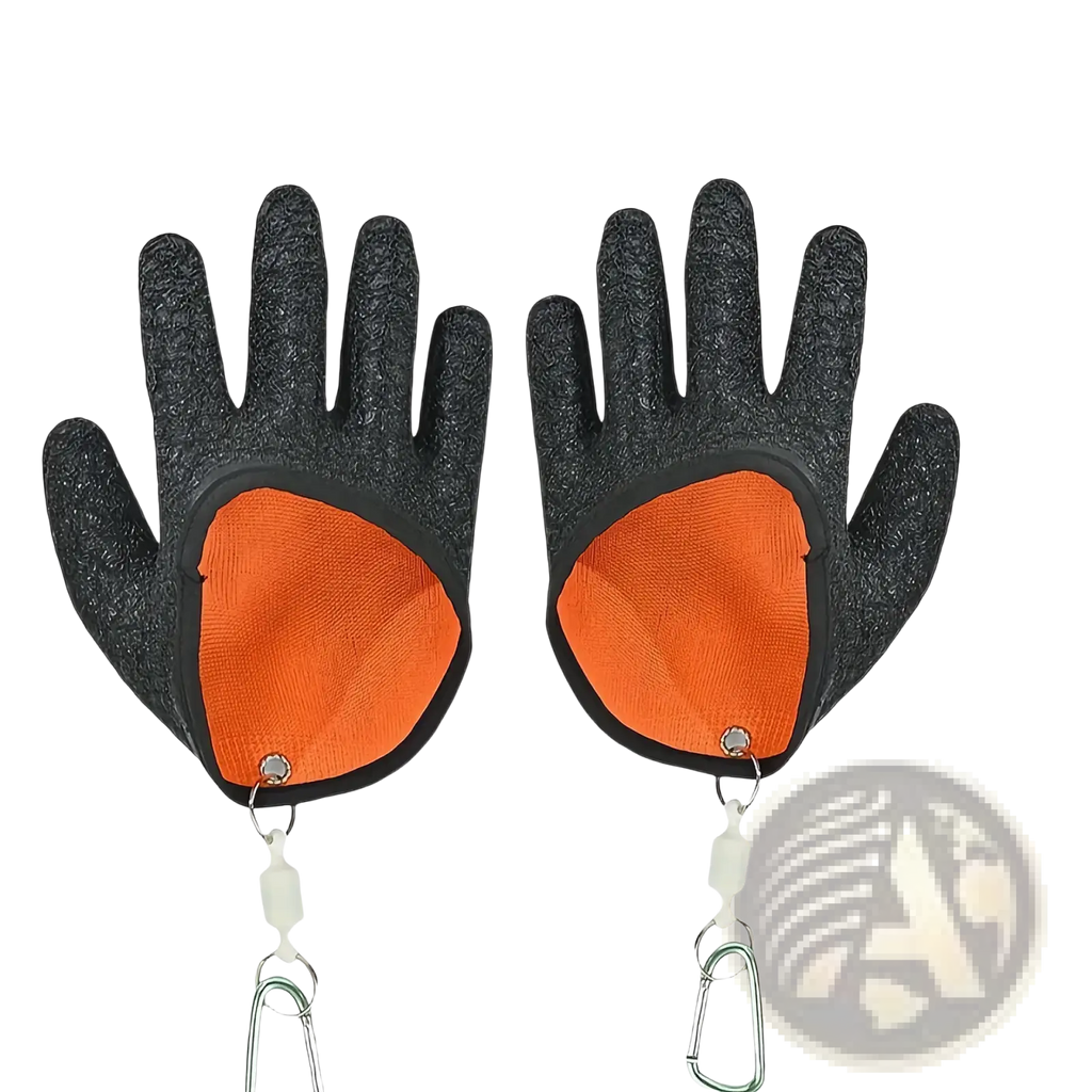 Black and orange waterproof fishing gloves with anti slip textured grip palms reinforced fabric backs and metal carabiners