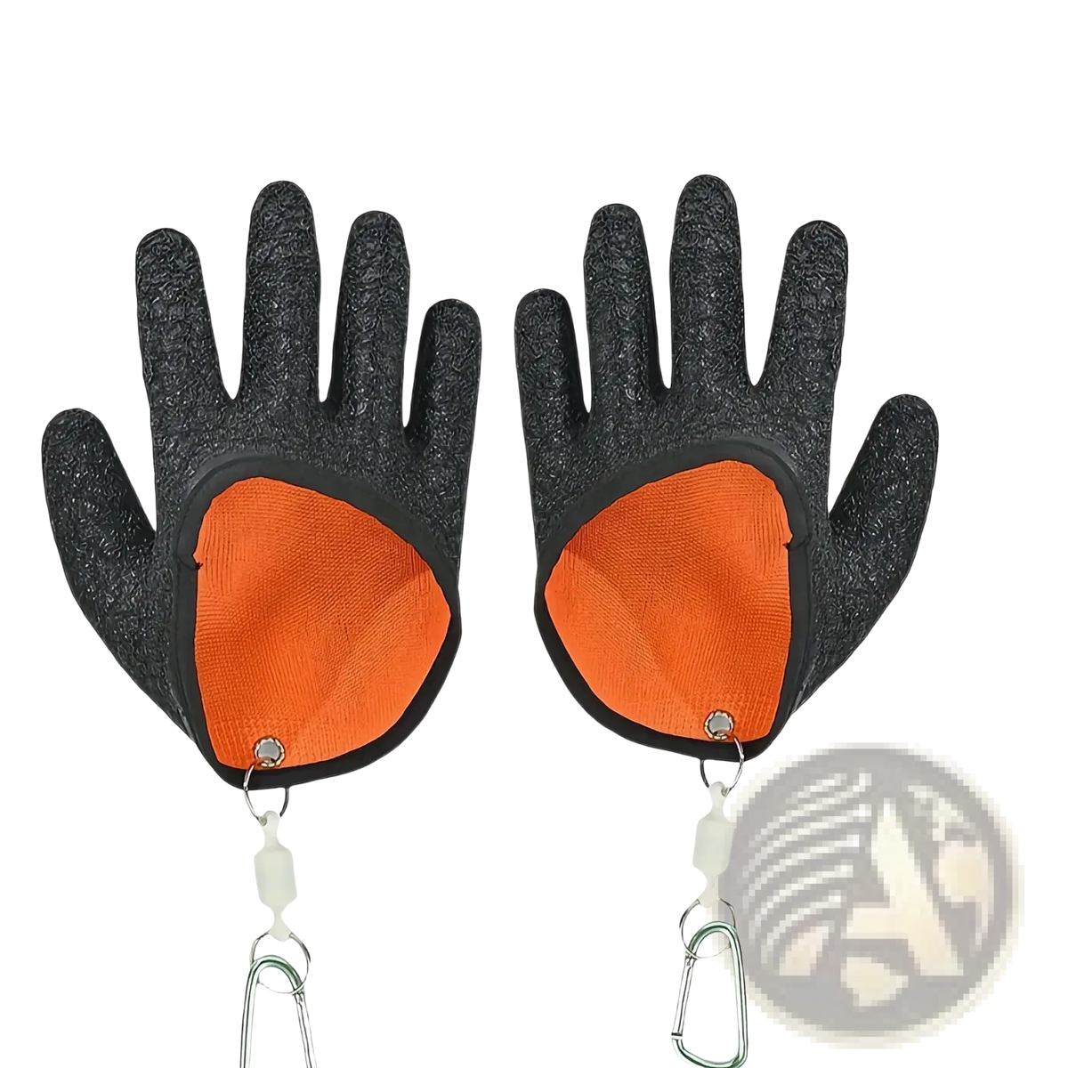 Black and orange waterproof fishing gloves with anti slip textured grip palms reinforced fabric backs and metal carabiners