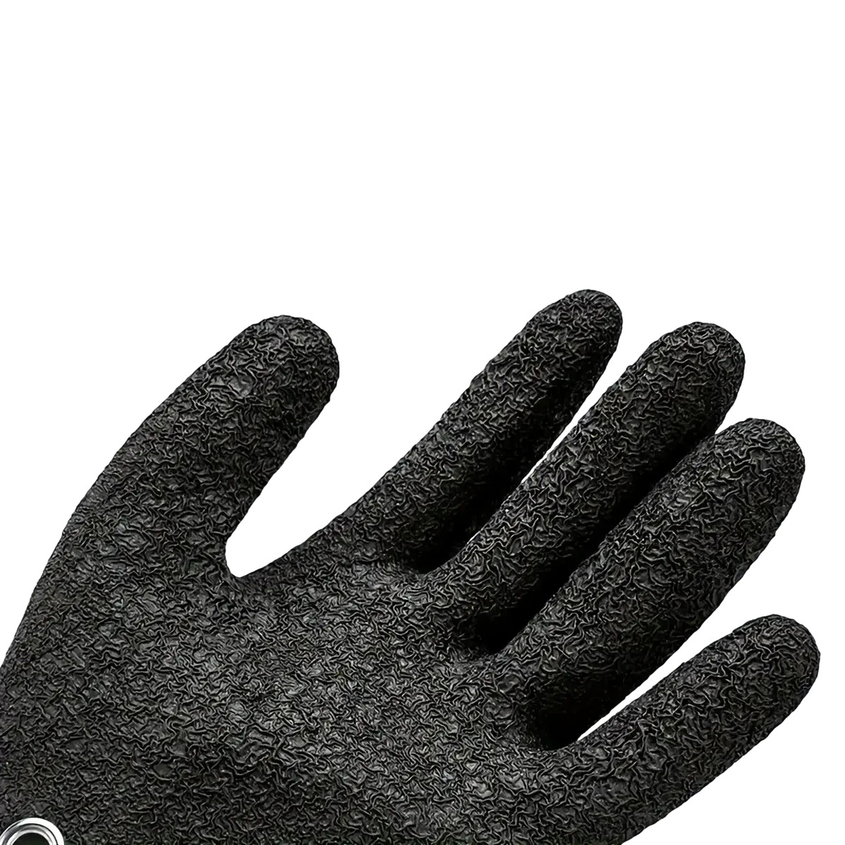 Black rubber waterproof fishing gloves with textured wavy surface for anti slip grip and durability