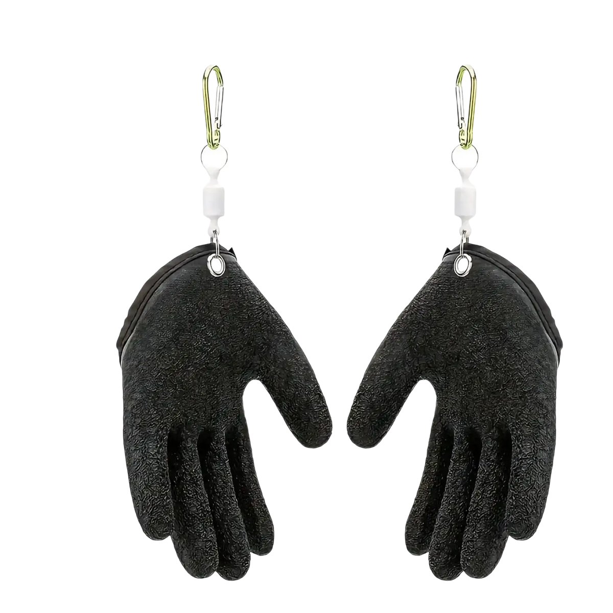 Black suede-like glove-shaped keychains with silver carabiner clips for waterproof fishing gloves anti slip grip use