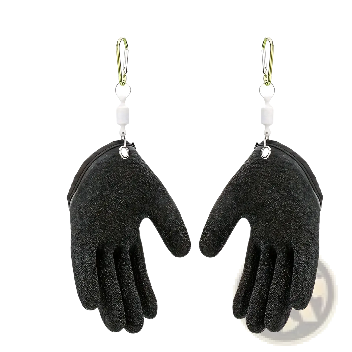 Black textured waterproof fishing gloves with anti slip grip and carabiner clip attached at the back of the wrist