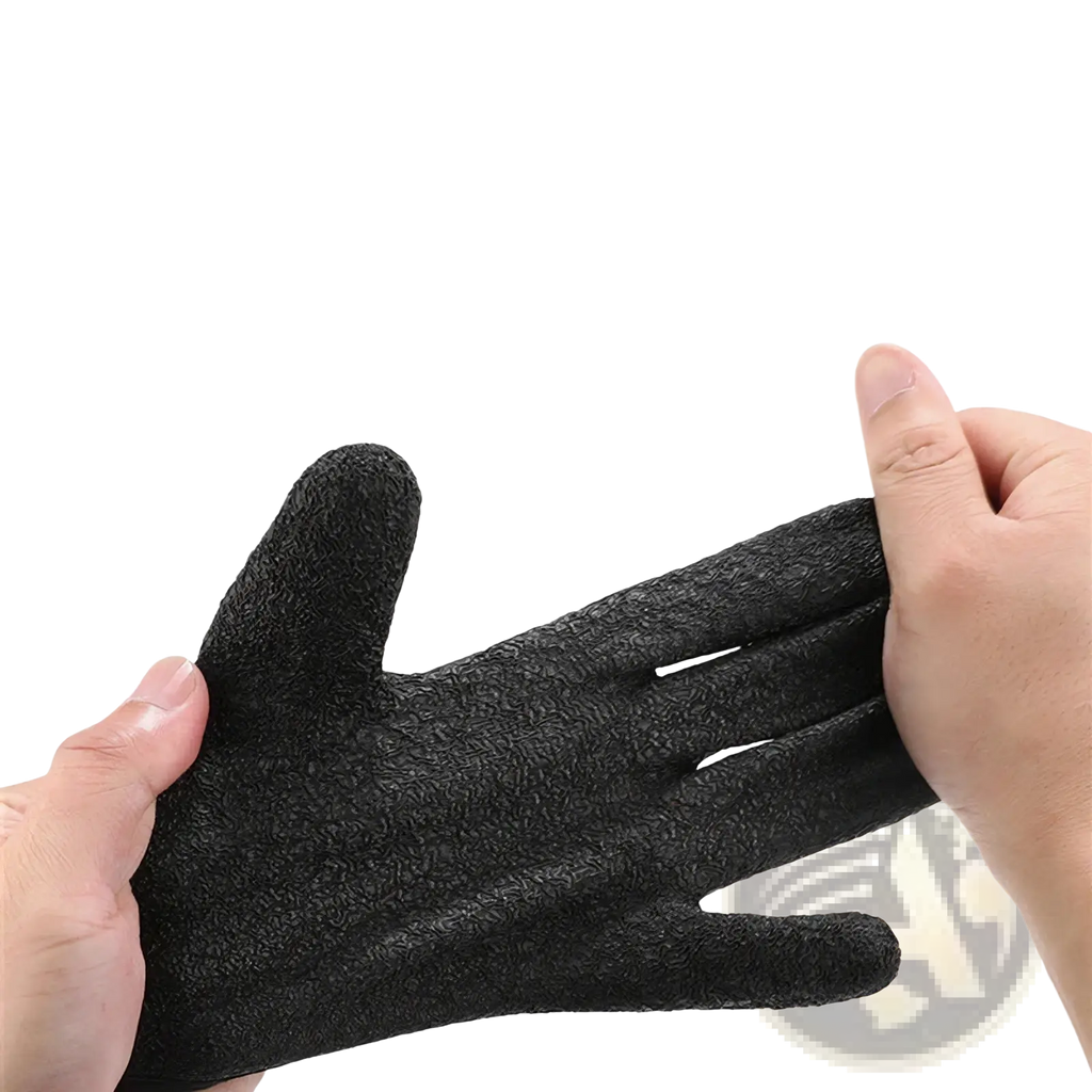 Black textured waterproof fishing glove with anti slip grip shown from the back side for enhanced durability
