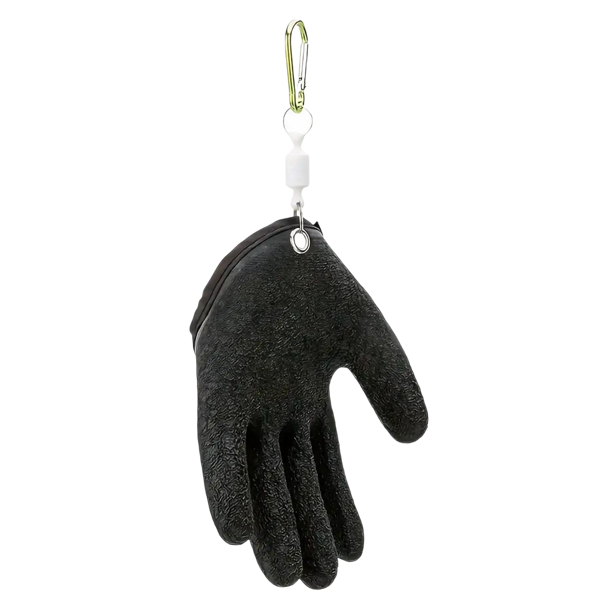 Black textured glove-shaped keychain with silver carabiner clip for waterproof fishing gloves with anti slip grip