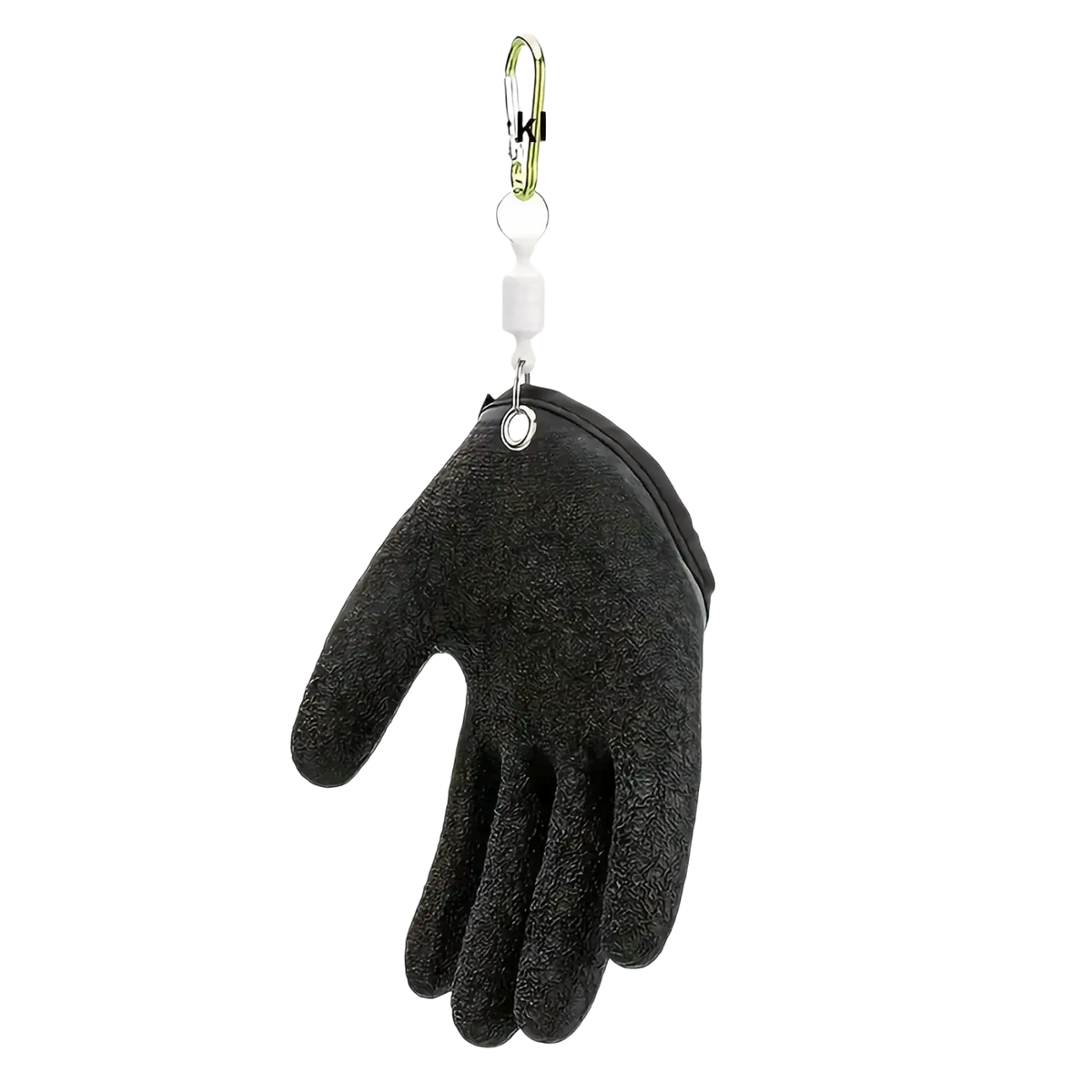 Black textured glove-shaped pouch with silver carabiner clip and retractable lanyard for waterproof fishing gloves anti slip use