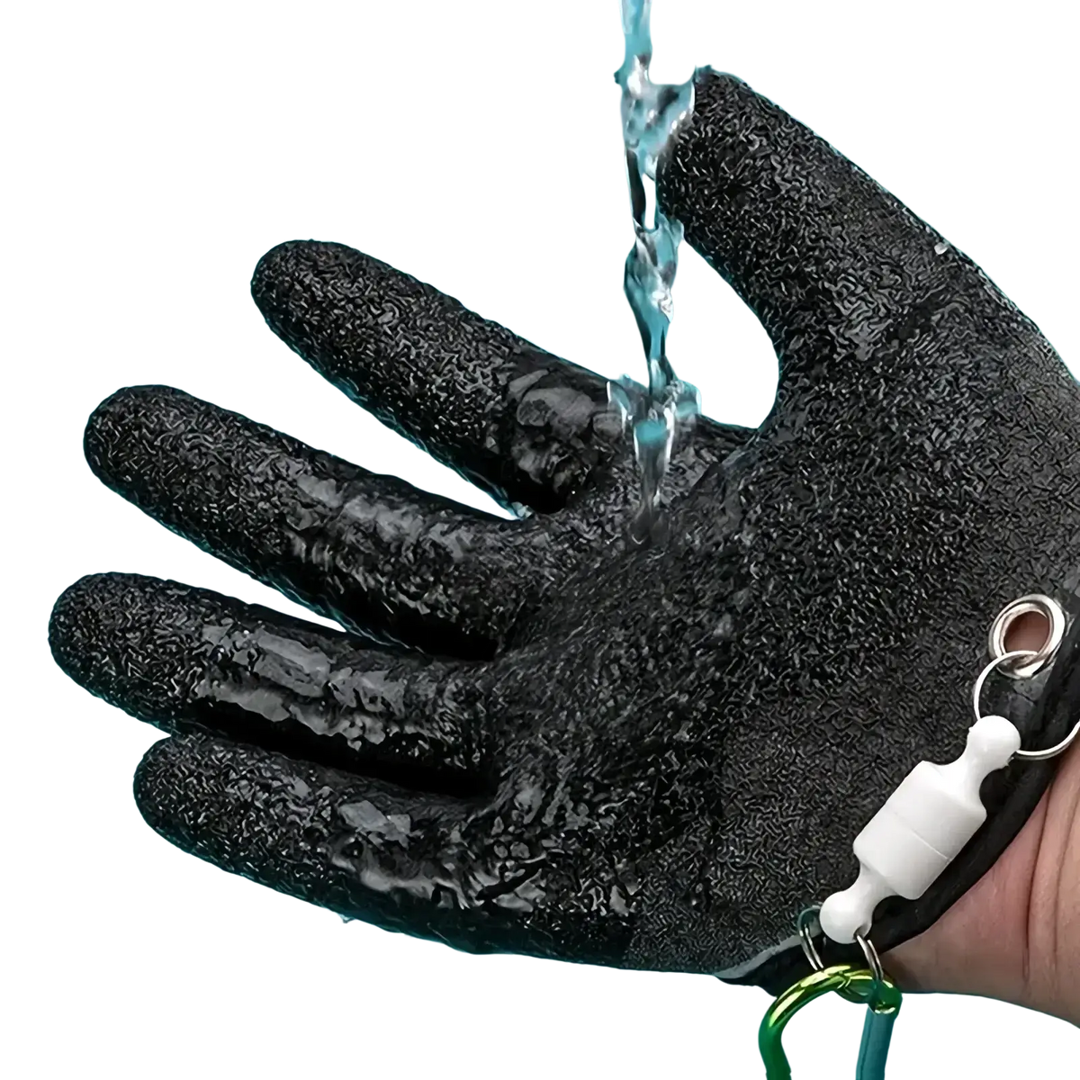 Black textured rubber waterproof fishing gloves with anti slip grip and green and white carabiner on the wrist