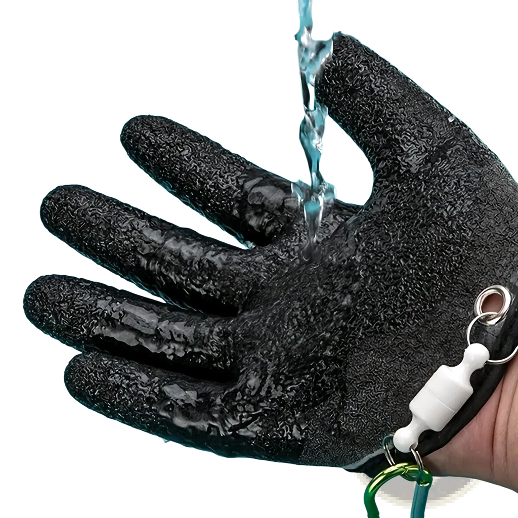 Black textured rubber waterproof fishing glove with anti slip grip and white plastic clip with metal ring on wrist back side