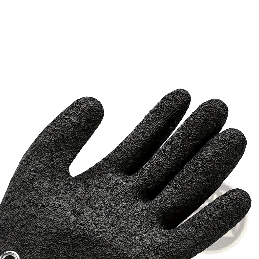 Black waterproof fishing glove with textured rugged anti slip grip surface shown from the back side