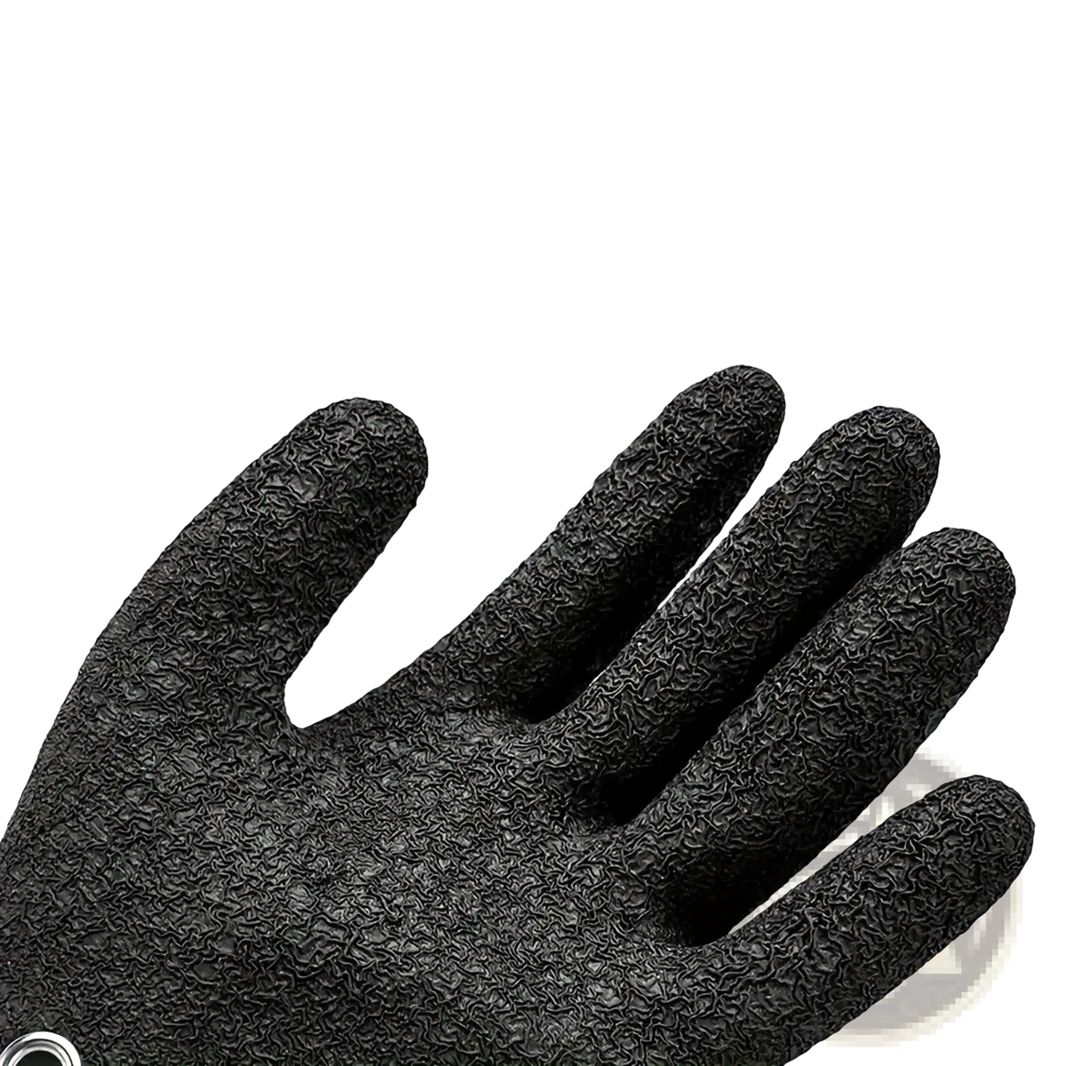 Black waterproof fishing glove with textured rugged anti slip grip surface shown from the back side
