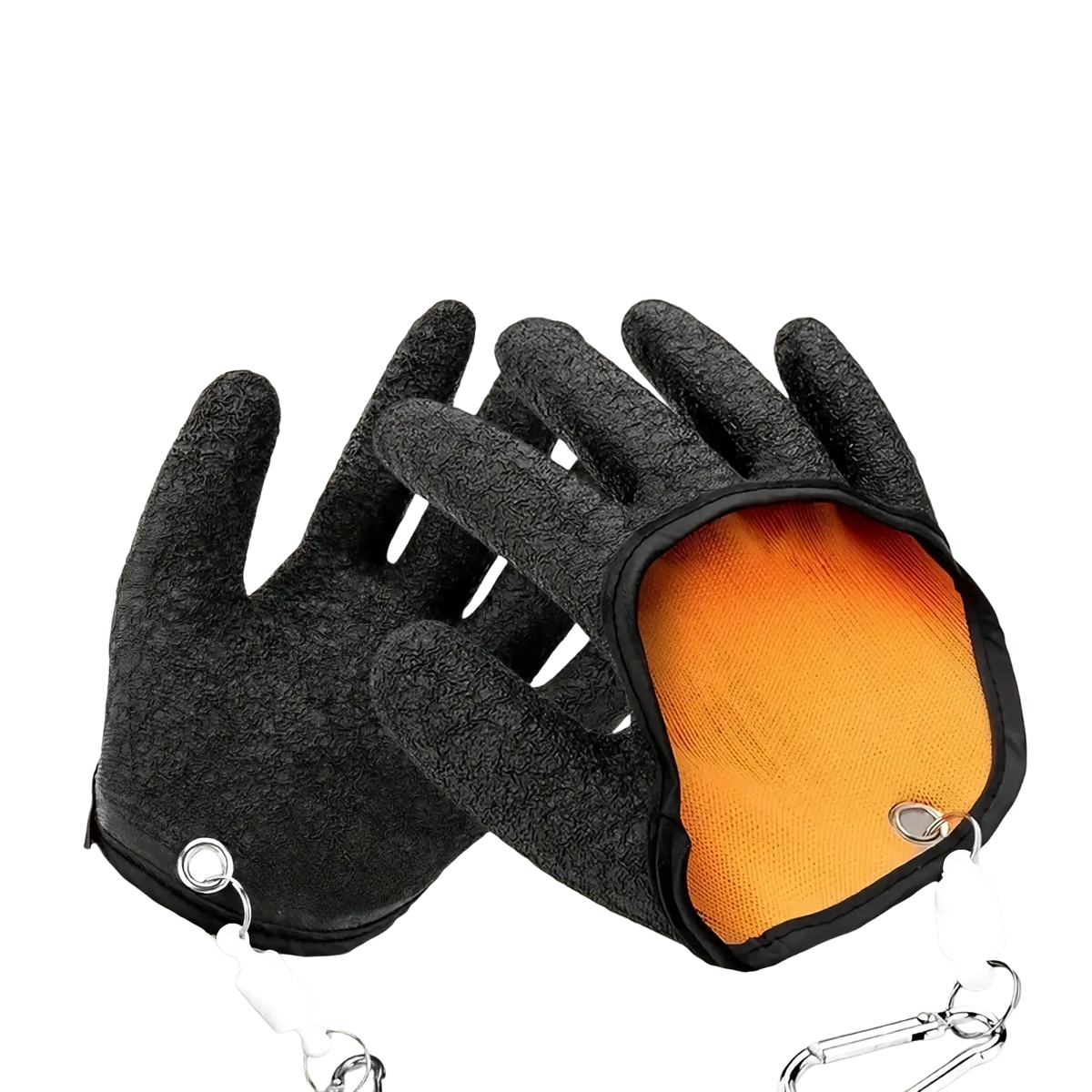 Black waterproof fishing gloves with textured outer material orange mesh lining and white retractable lanyards on carabiners