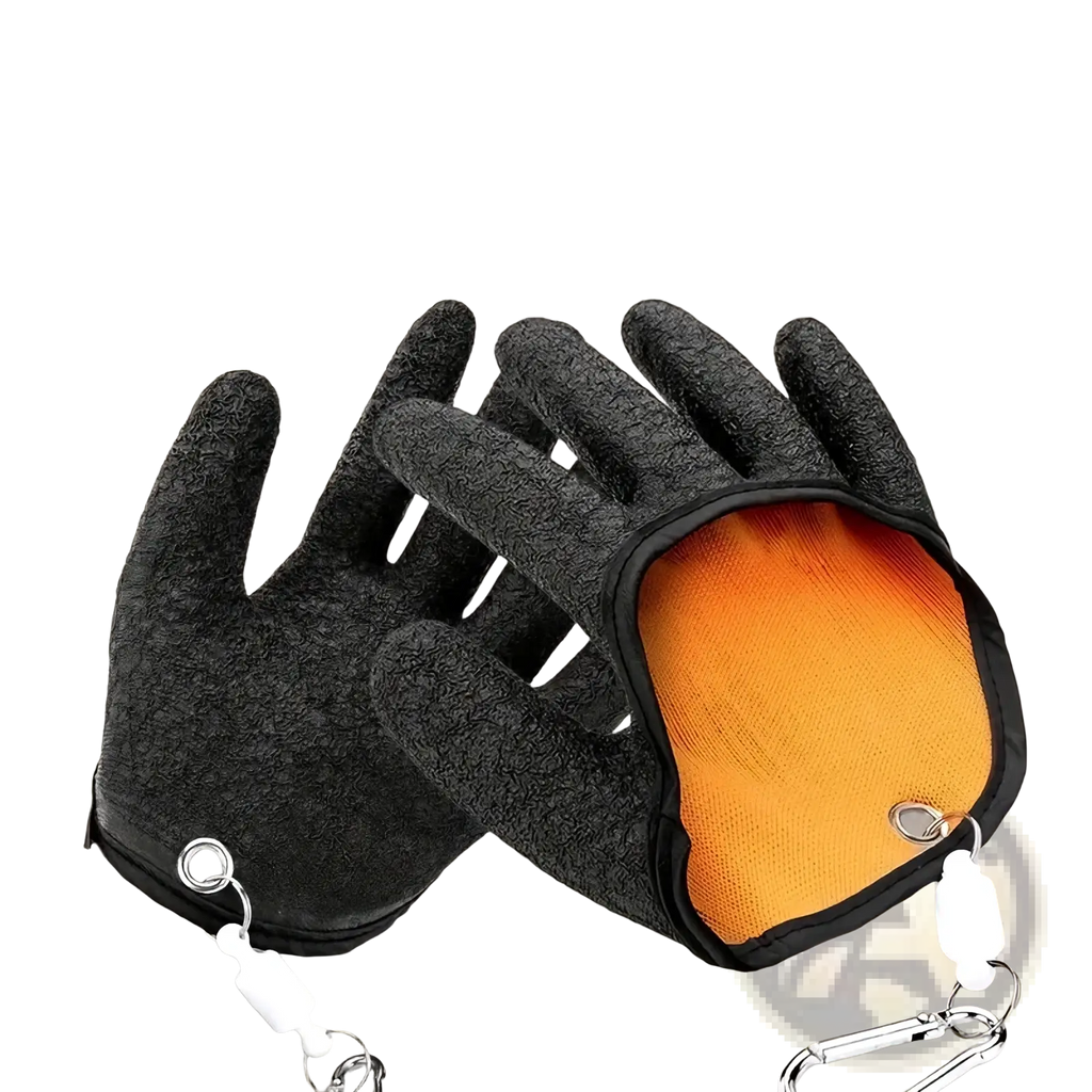 Black waterproof fishing gloves with textured outer material orange mesh lining and white retractable lanyards on carabiners