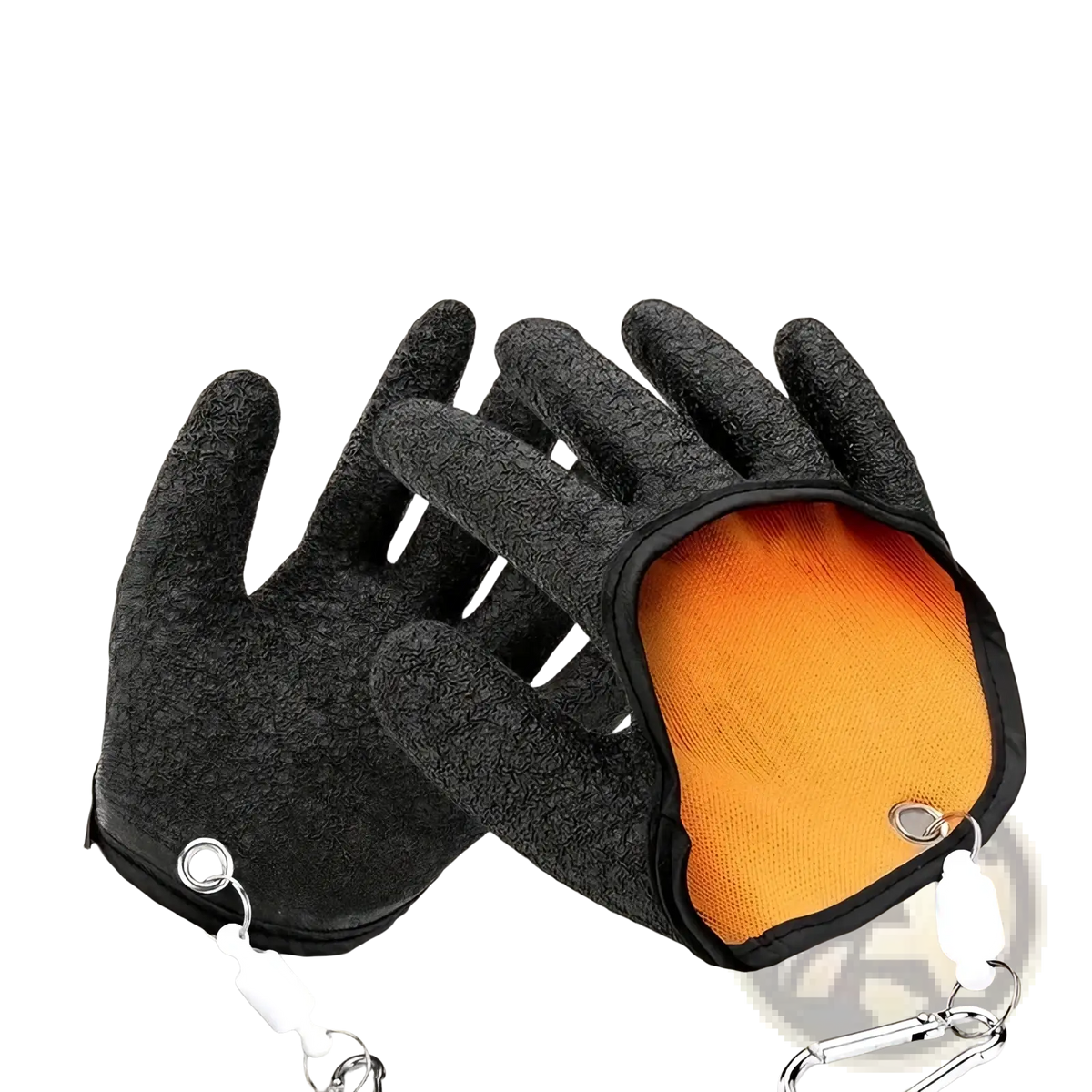 Black waterproof fishing gloves with textured outer material orange mesh lining and white retractable lanyards on carabiners