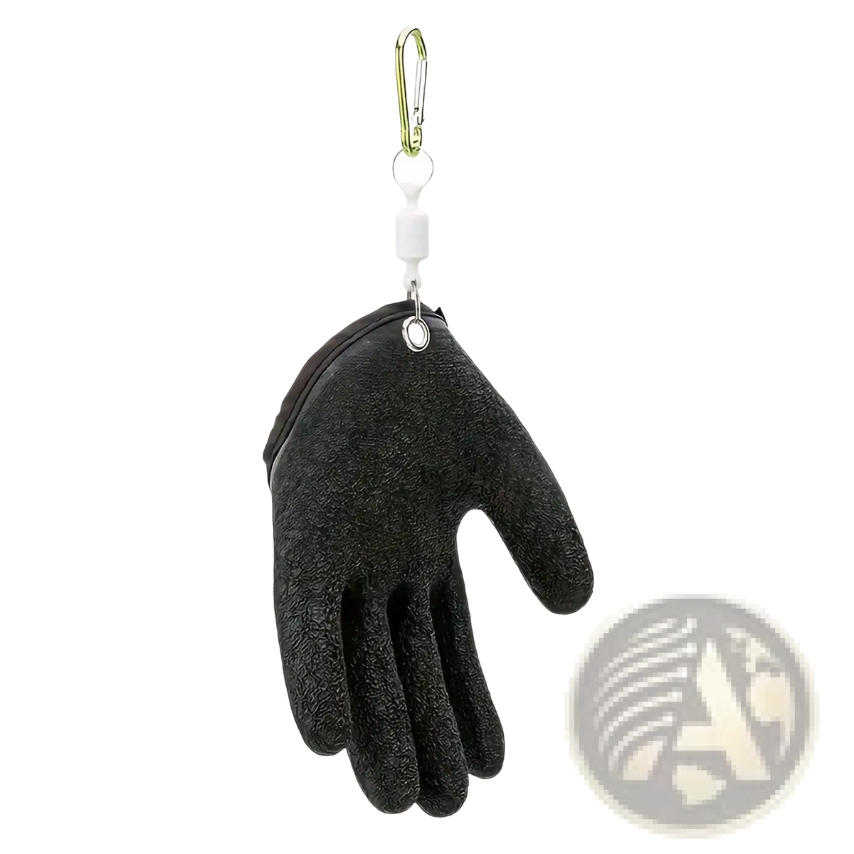 Black textured waterproof fishing glove-shaped keychain with anti slip grip and metallic carabiner clip