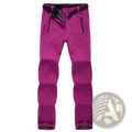 Waterproof fleece ski pants for men and women in vibrant magenta with black zipper accents and matching belt