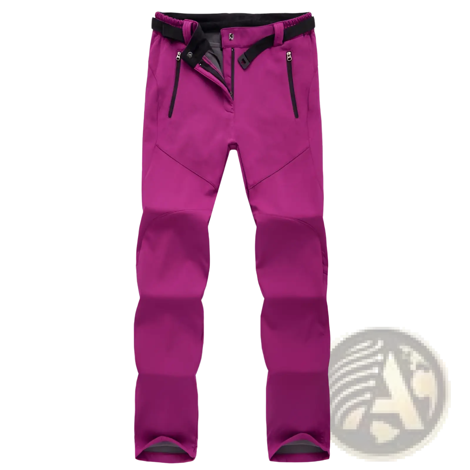 Waterproof fleece ski pants for men and women in vibrant magenta with black zipper accents and matching belt