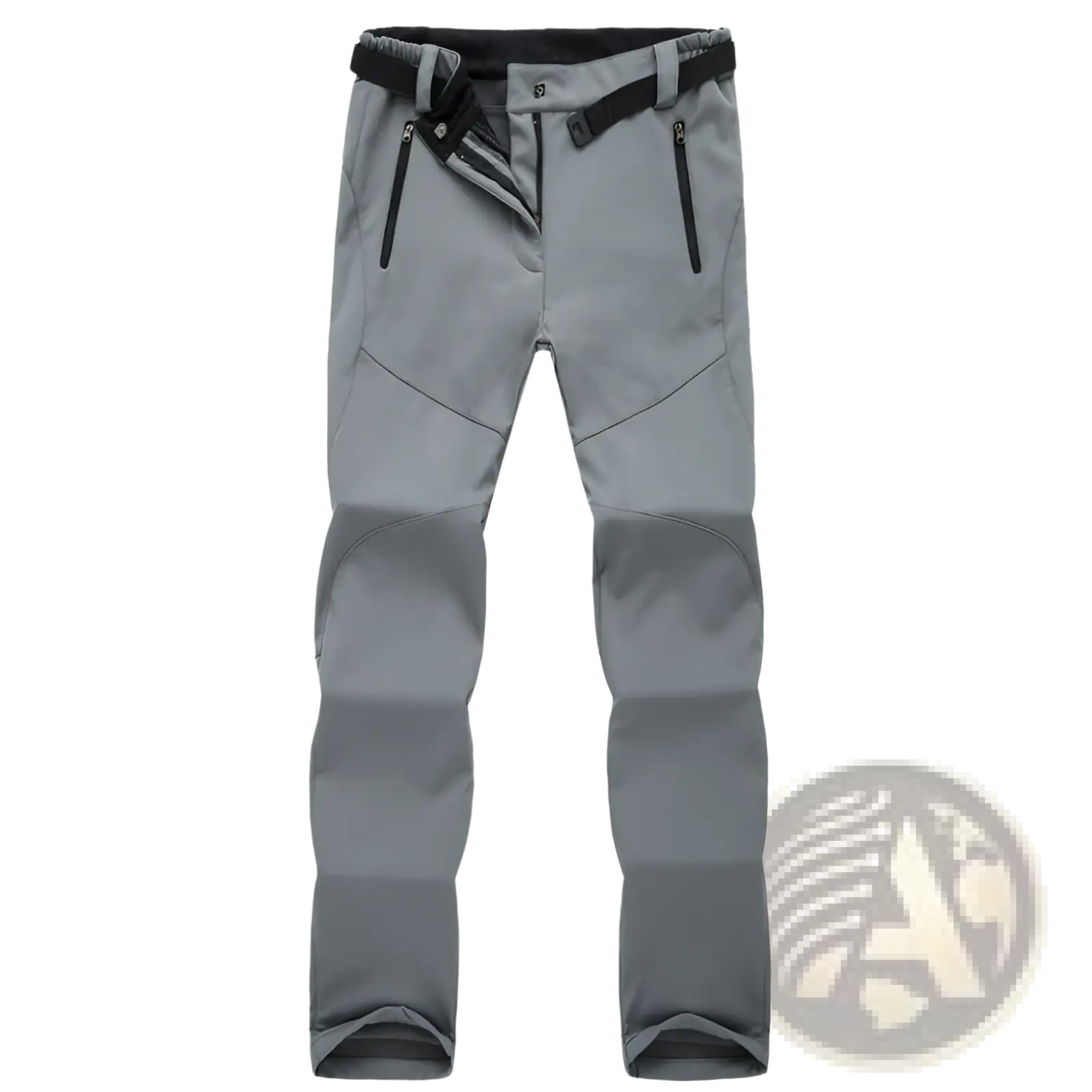 Gray waterproof fleece ski pants for men and women with black elastic waistband and zippered pockets