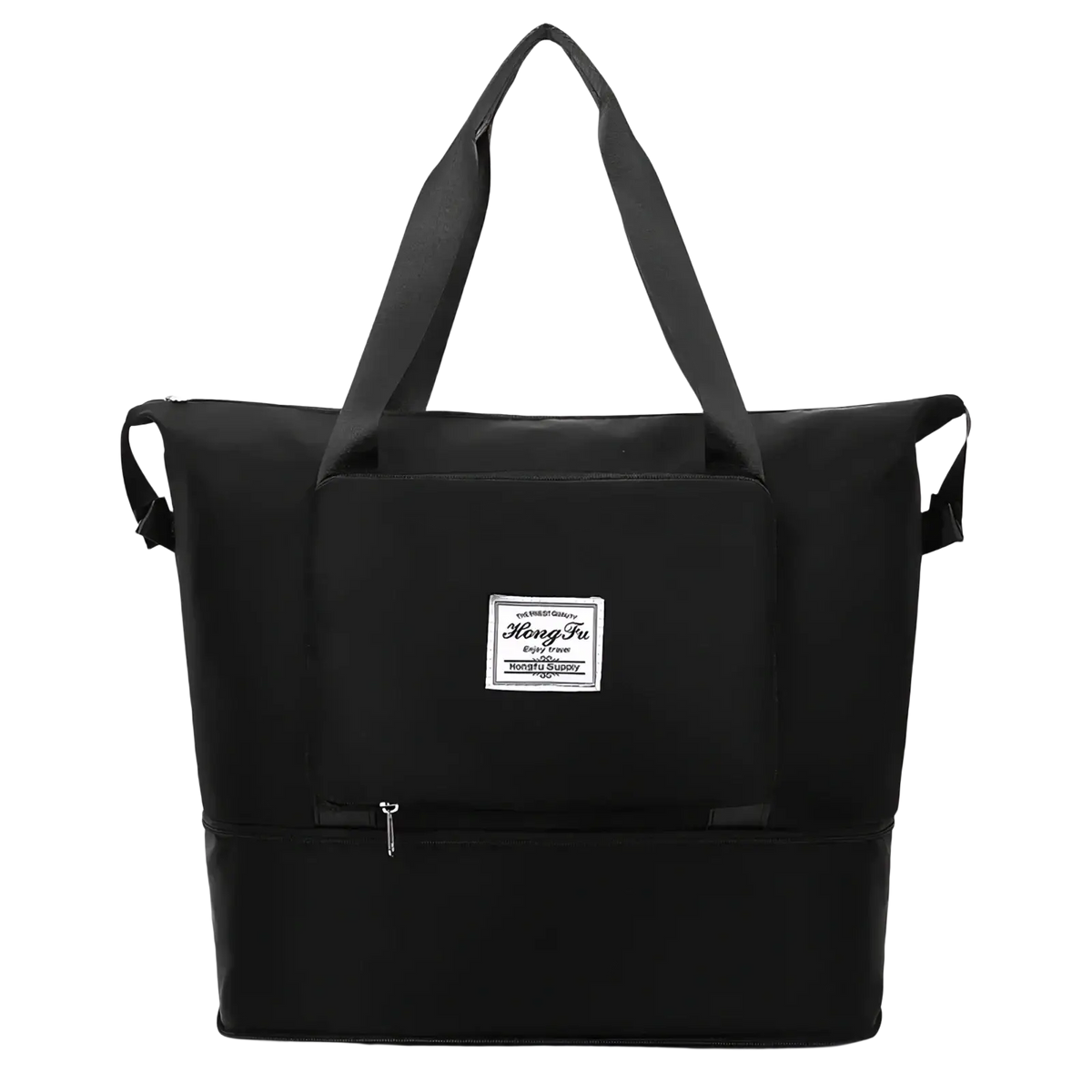 Black waterproof foldable travel duffel bag with sturdy handles and a front patch pocket featuring white text