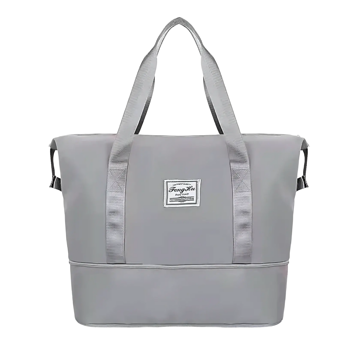 Gray fengku waterproof foldable travel duffel bag with reinforced handles and subtle brand patch visible on front side