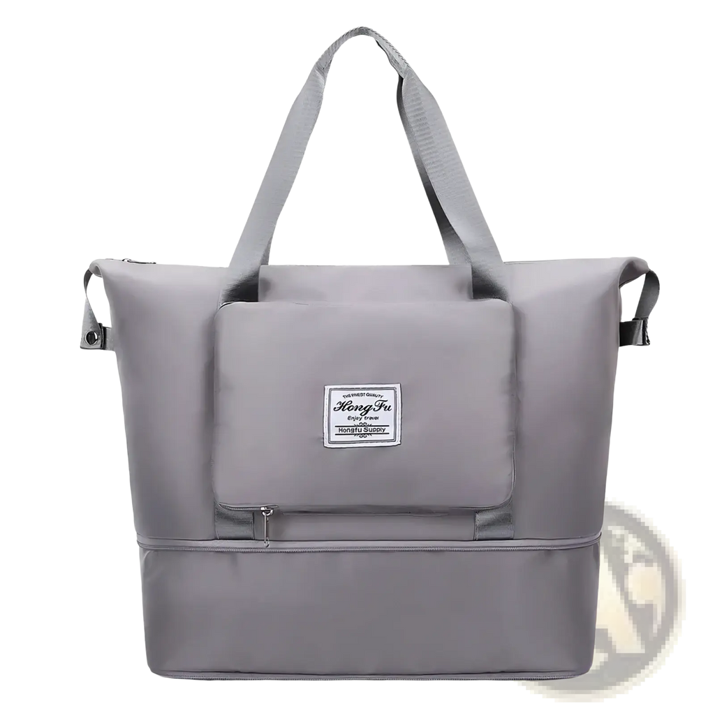 Gray hong fu waterproof foldable travel duffel bag with two compartments and fabric handles for convenience