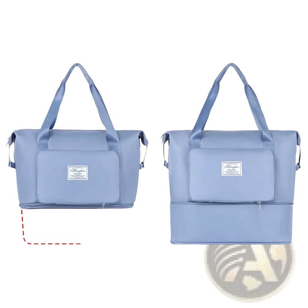 Light blue waterproof foldable travel duffel bag with front pocket and dual handles for convenient packing