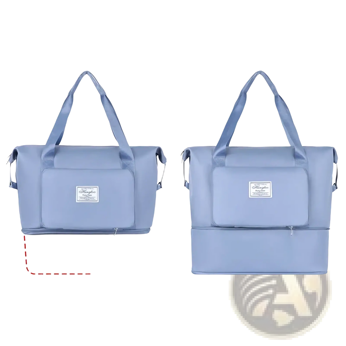 Light blue waterproof foldable travel duffel bag with front pocket and dual handles for convenient packing