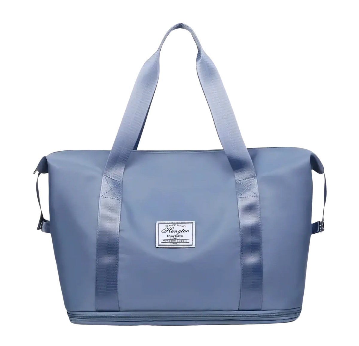 Light blue durable nylon waterproof foldable travel duffel bag with reinforced handles and a branded front patch