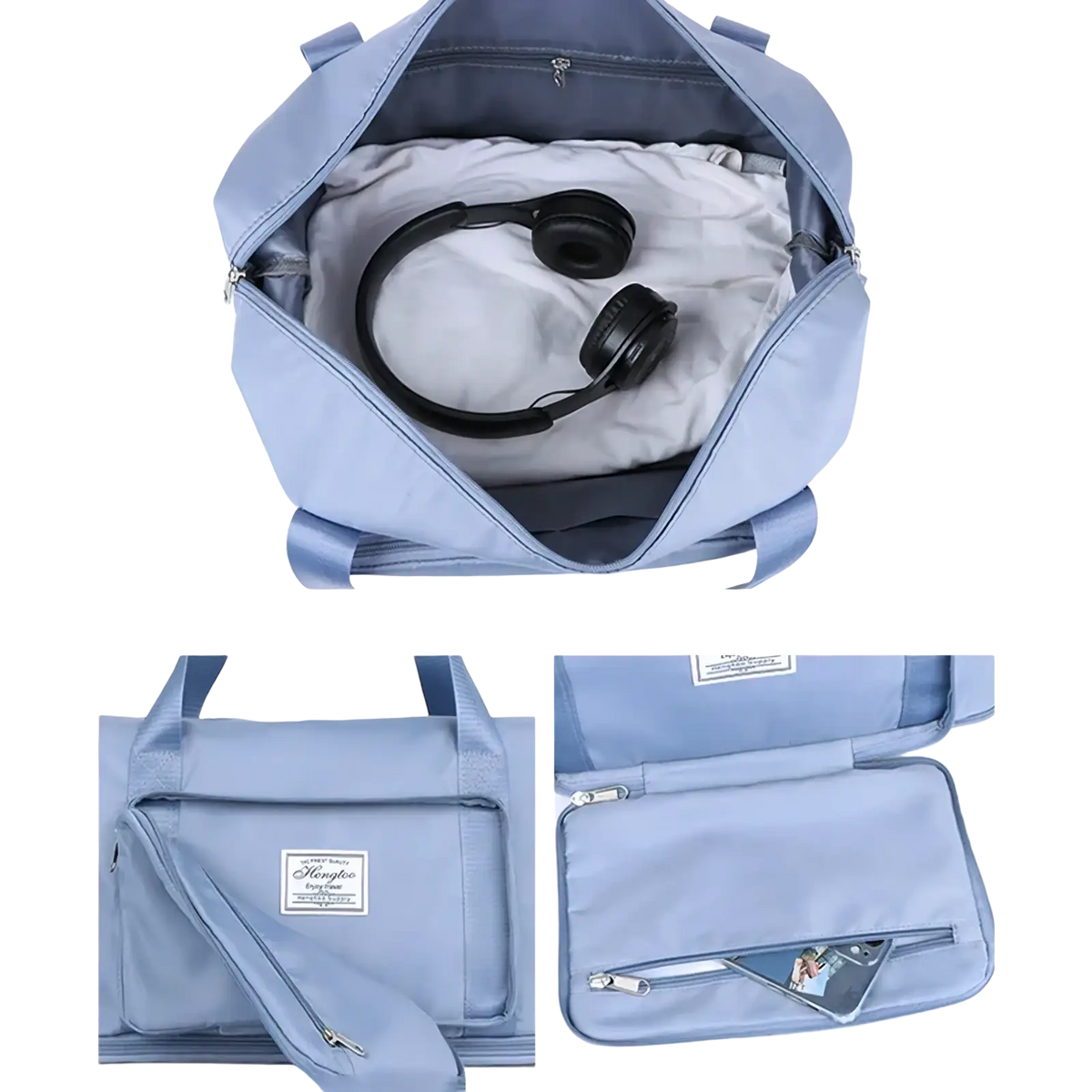 Light blue durable fabric waterproof foldable travel duffel bag with multiple compartments and zipper closure