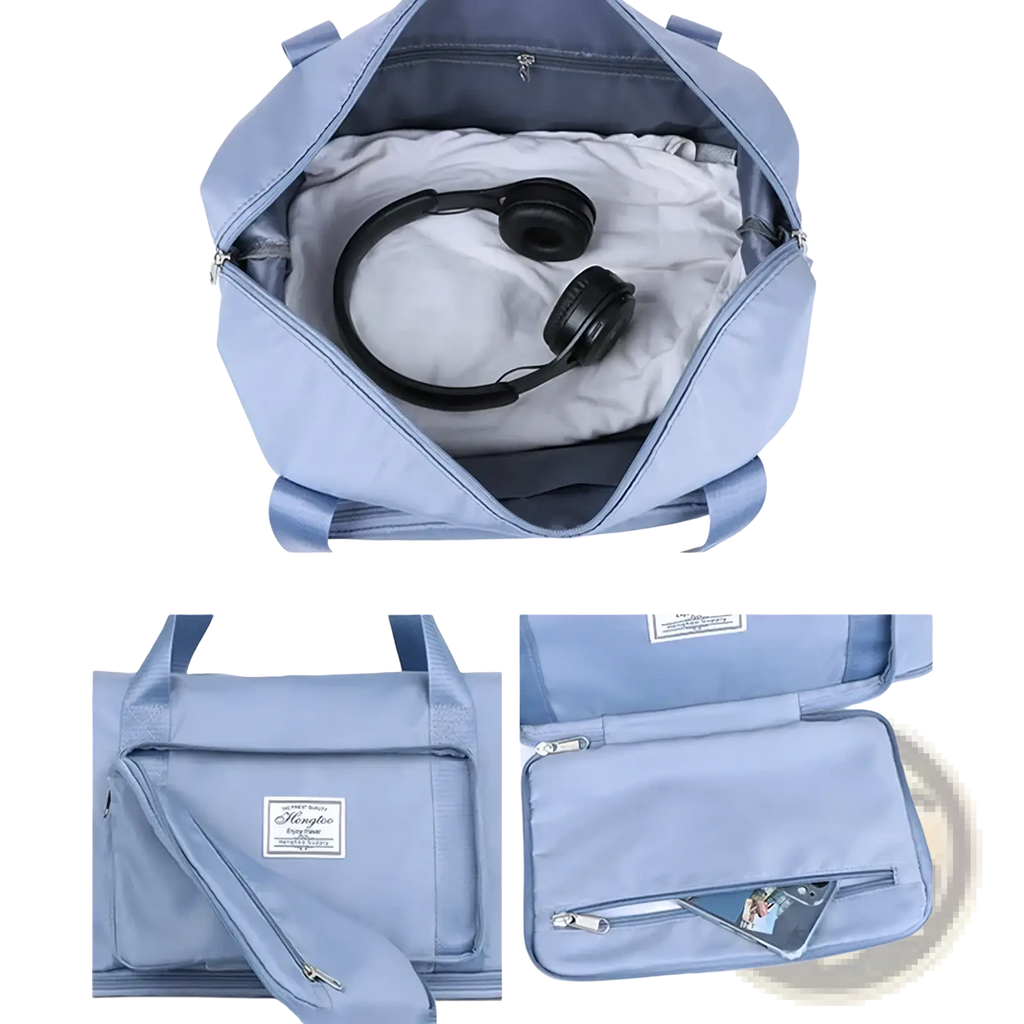 Light blue durable fabric waterproof foldable travel duffel bag with multiple compartments and zipper closure