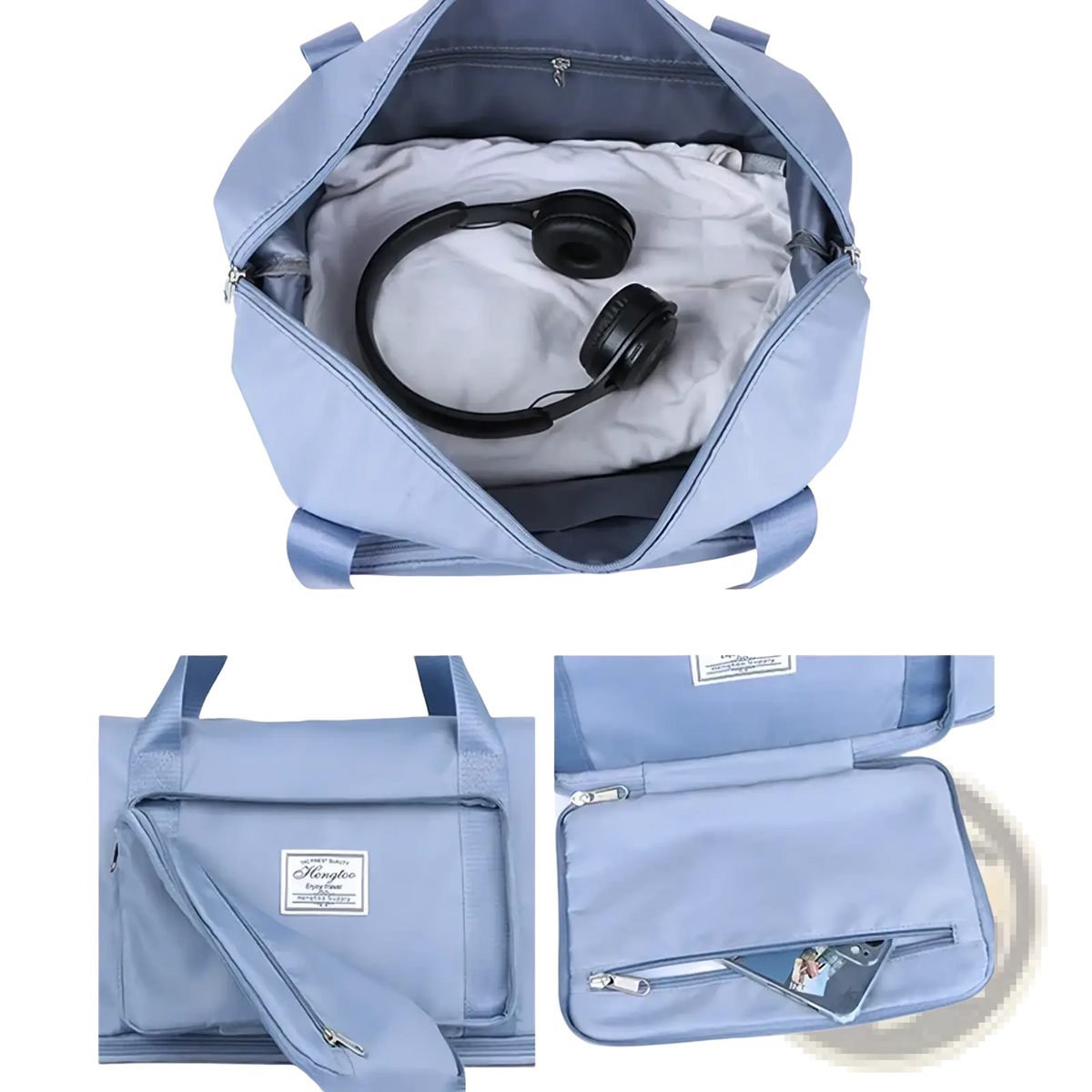 Light blue durable fabric waterproof foldable travel duffel bag with multiple compartments and zipper closure