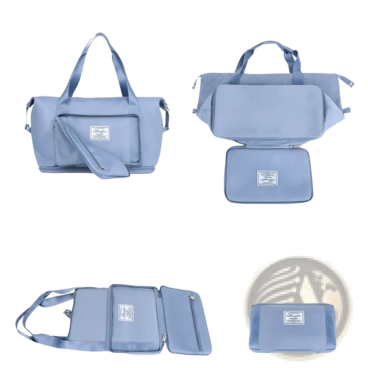 Light blue waterproof foldable travel duffel bag with multi compartments, adjustable straps, and zipper closures